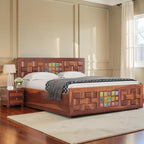 Homecrest Standen king size bed in honey finish sheesham wood with decorative tile inlays and side drawer storage.