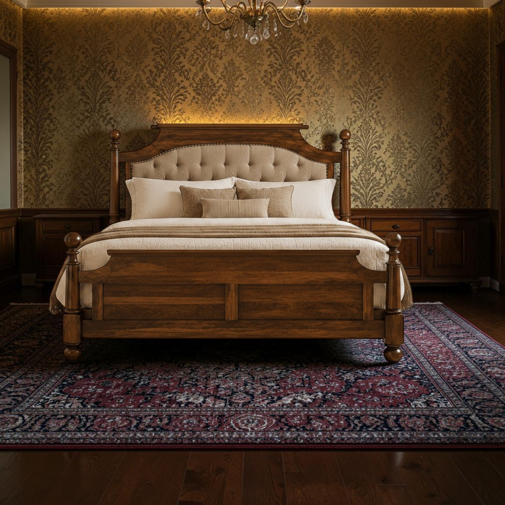 Homecrest Ravello bed in dark wood with a beige tufted upholstered headboard, nailhead trim, and ball finials.