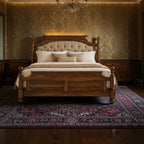 Homecrest Ravello bed in dark wood with a beige tufted upholstered headboard, nailhead trim, and ball finials.