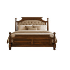 Homecrest Ravello bed with solid sheesham wood frame, tufted beige upholstered headboard, and lathe-turned posts.