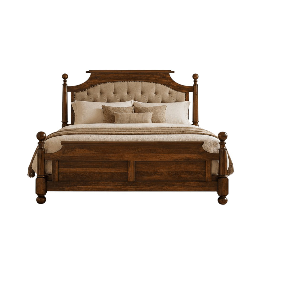 Homecrest Ravello bed with solid sheesham wood frame, tufted beige upholstered headboard, and lathe-turned posts.