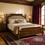 Homecrest Ravello bed in solid Sheesham wood with a beige tufted upholstered headboard and lathe-turned posts.