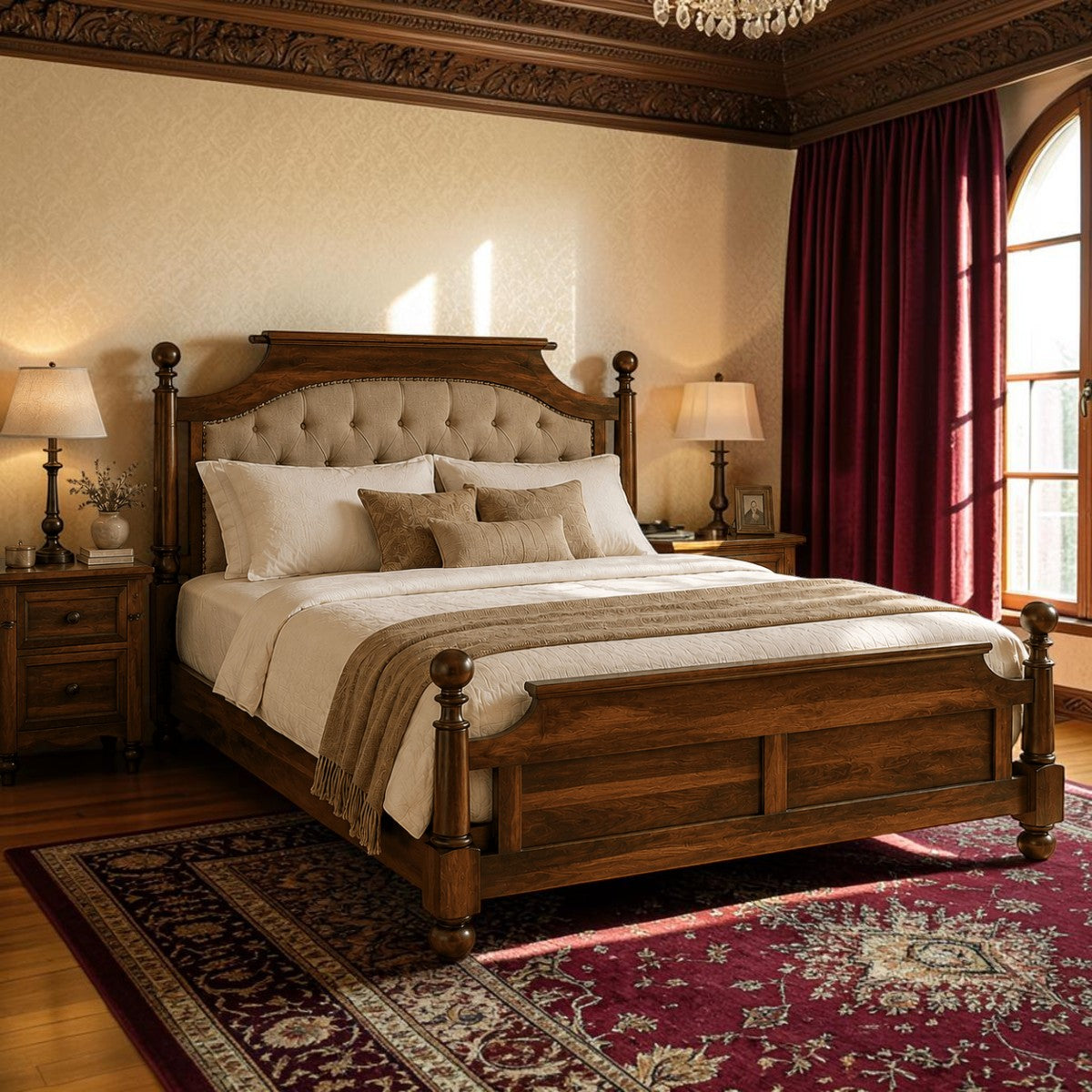 Homecrest Ravello bed in solid Sheesham wood with a beige tufted upholstered headboard and lathe-turned posts.