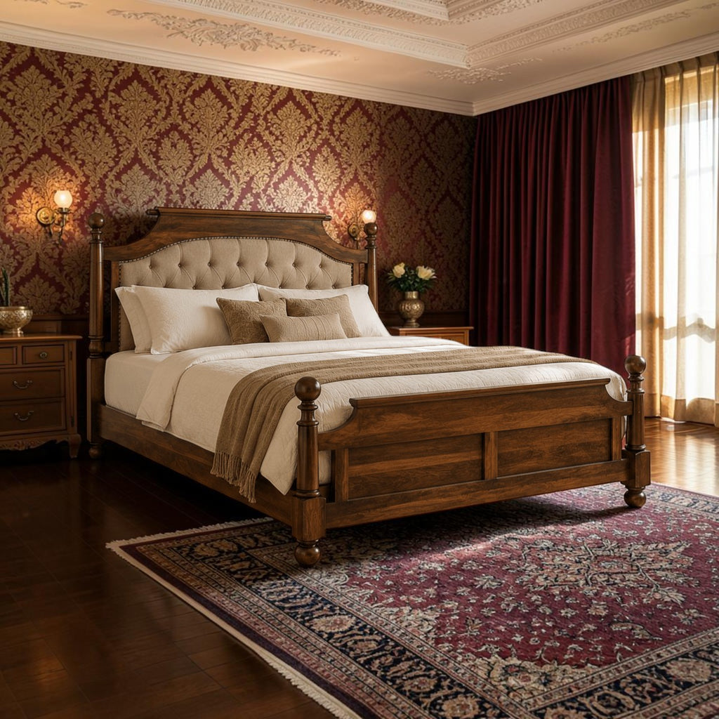 Homecrest Ravello bed in dark wood with a beige tufted upholstered headboard, nailhead trim, and turned posts.