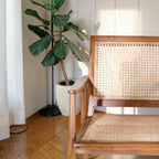 Homecrest Semley armchair in natural teak wood with hand-woven rattan wicker seat and back in a mid-century style.