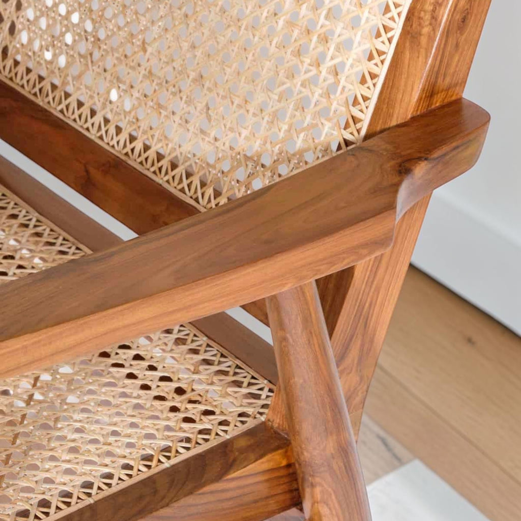 Homecrest Semley armchair featuring a reclaimed teak wood frame and hand-woven natural rattan wicker seat and back.