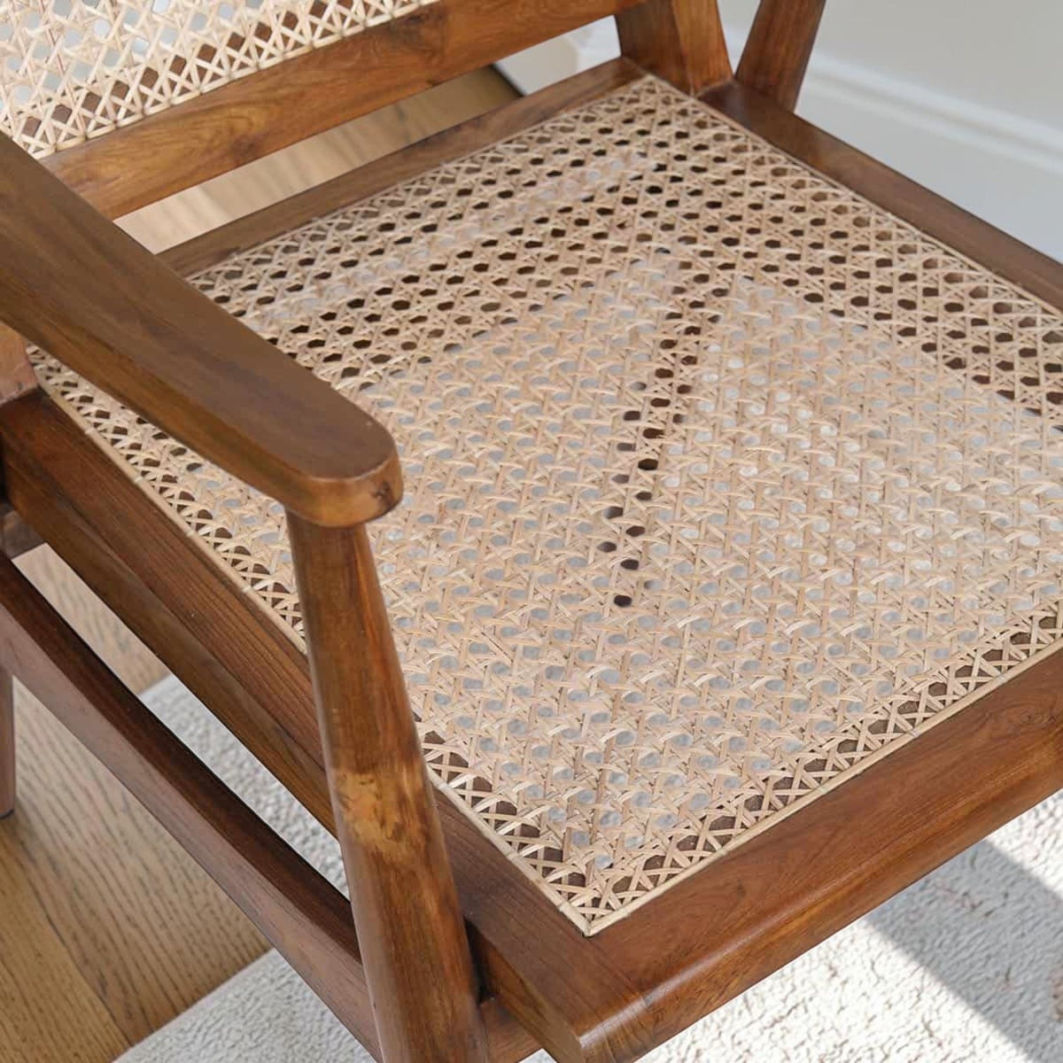 Homecrest Semley mid-century armchair featuring a natural reclaimed teak wood frame and hand-woven rattan wicker seat.