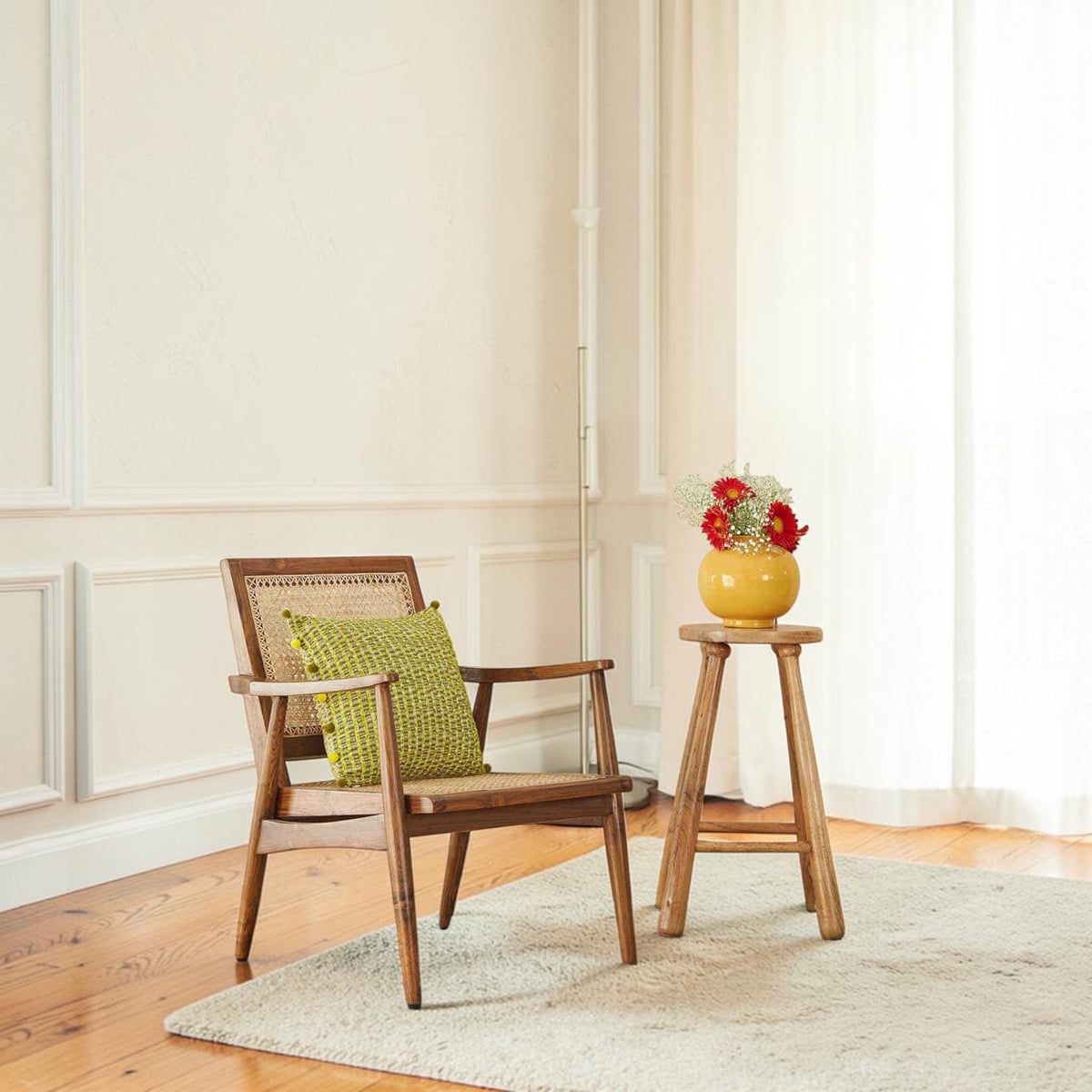 Homecrest Semley mid-century armchair in reclaimed teak wood with a hand-woven rattan wicker seat and backrest