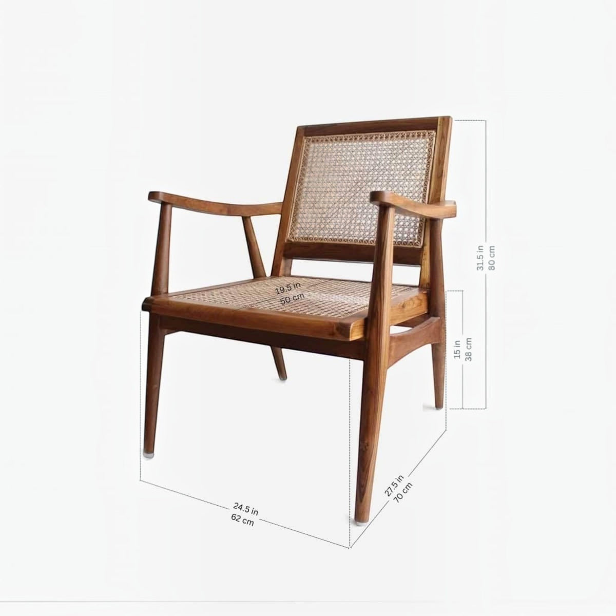 Homecrest Semley mid-century armchair crafted from reclaimed teak wood with a natural hand-woven rattan wicker seat.