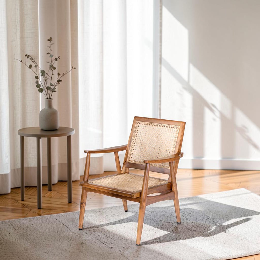 Homecrest Semley armchair featuring a reclaimed teak wood frame and hand-woven rattan wicker seat in a natural finish.