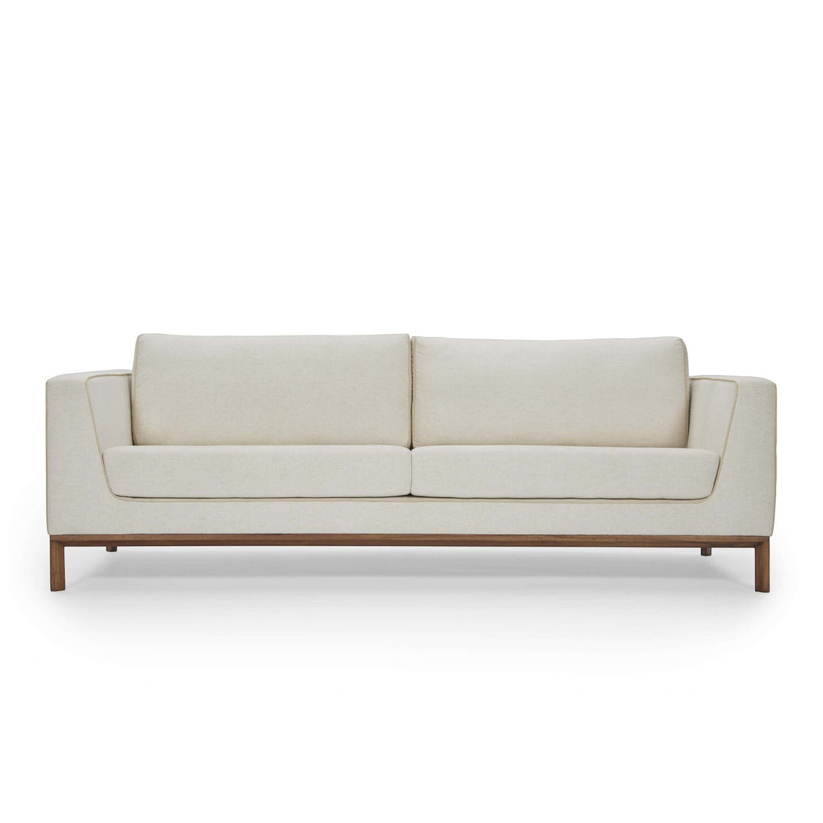 Homecrest Solace deep-seat lounge sofa in ivory fabric with contrast piping on a handcrafted teakwood base frame.