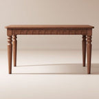 Homecrest Solene six-seat dining table in solid mango wood with a natural finish and decorative arched apron detail.