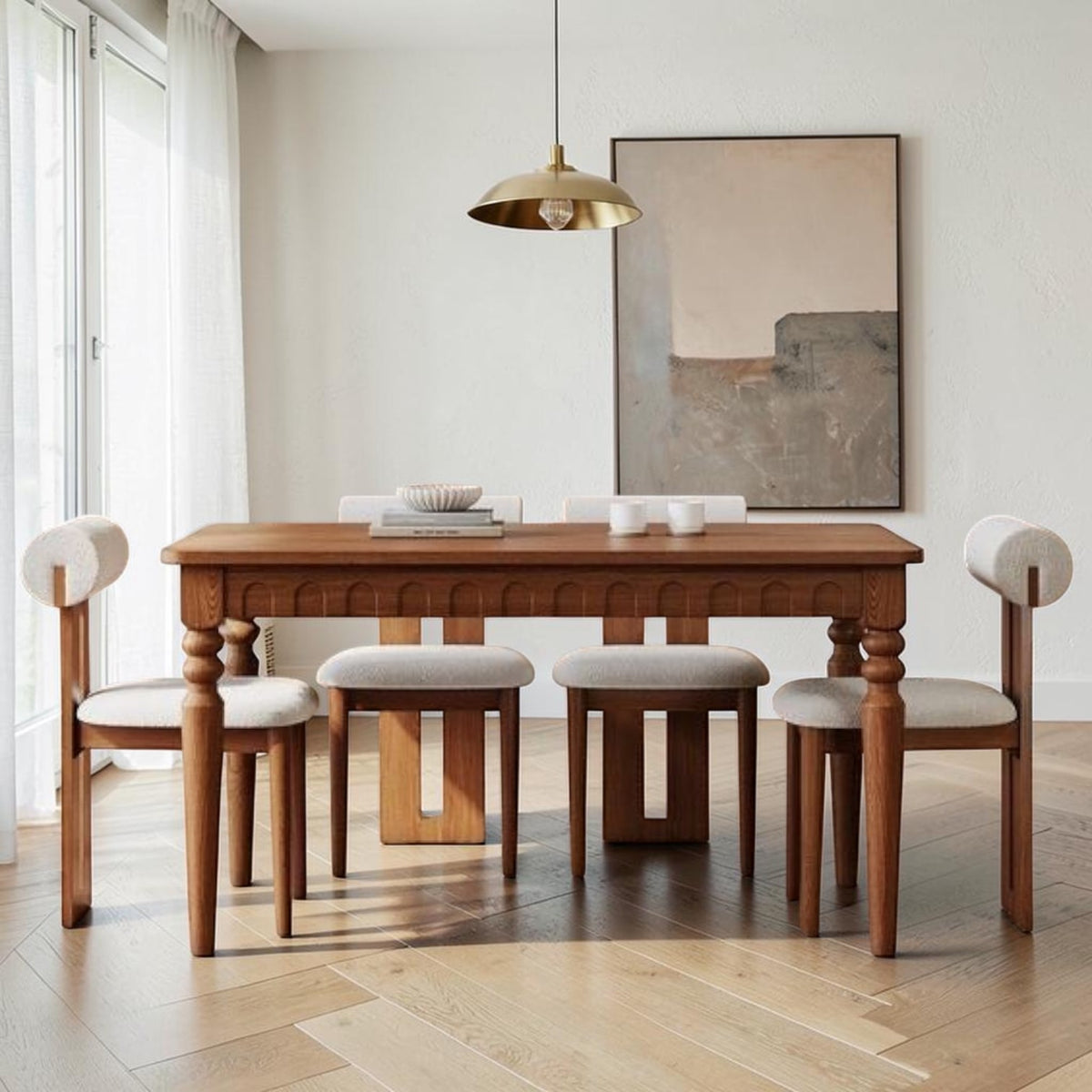 Homecrest Solene solid mango wood rectangular dining table with a natural finish in a bright modern dining room.