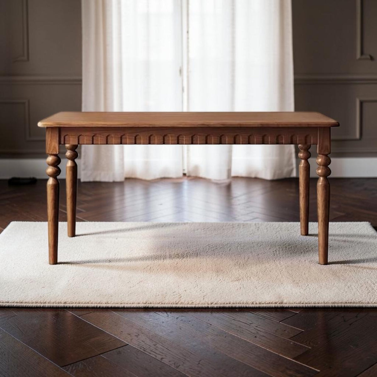 Homecrest Solene rectangular dining table made of solid mango wood with a natural finish and classic turned legs.