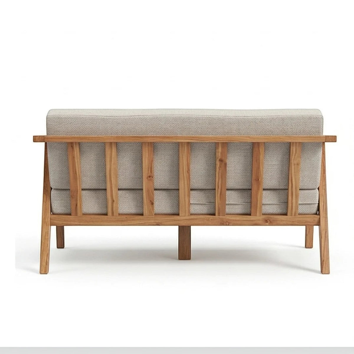 Homecrest 2-seater sofa with a natural solid wood open-frame back and light grey fabric cushions