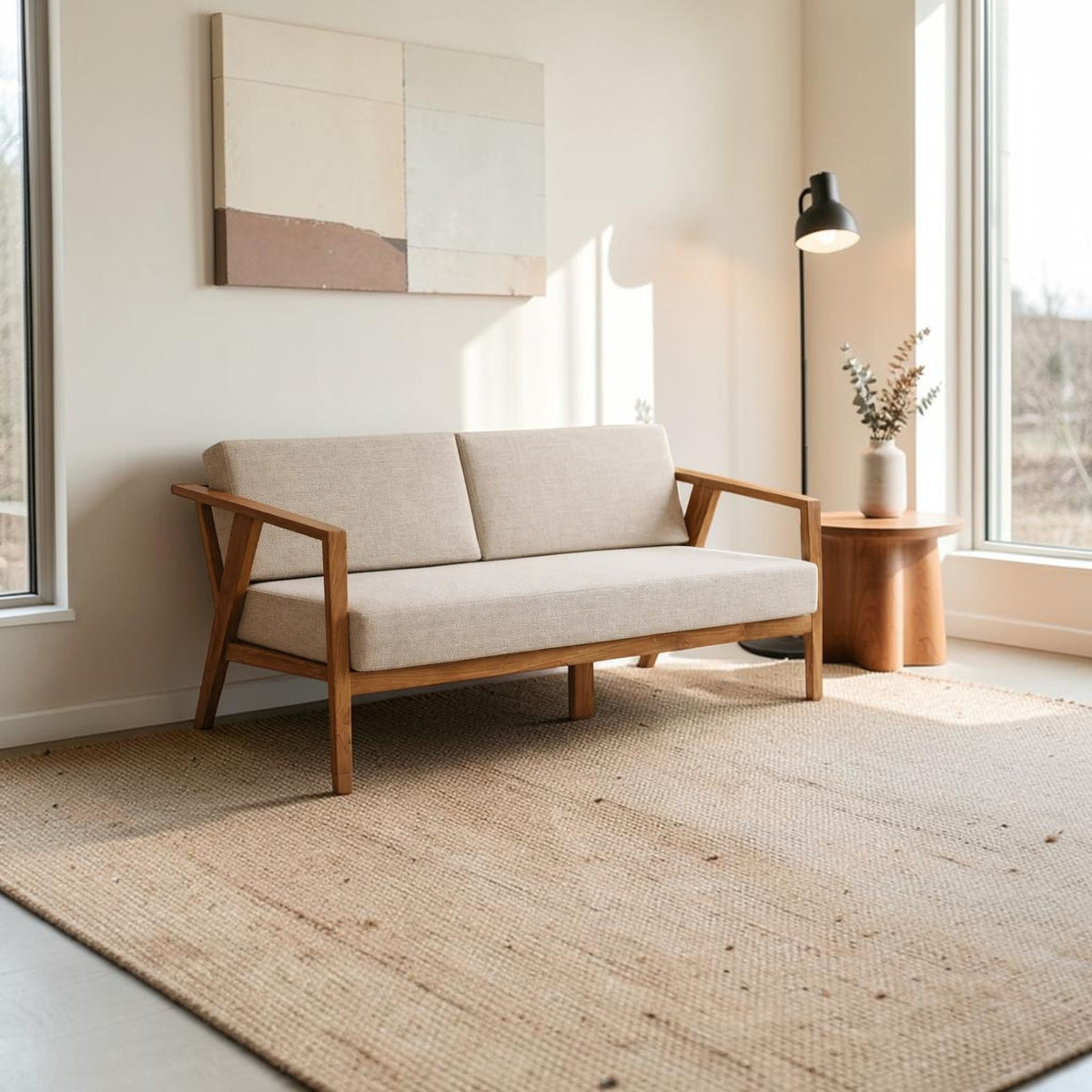Homecrest 2-seater sofa with natural solid wood frame and beige fabric cushions in a minimalist living room setting
