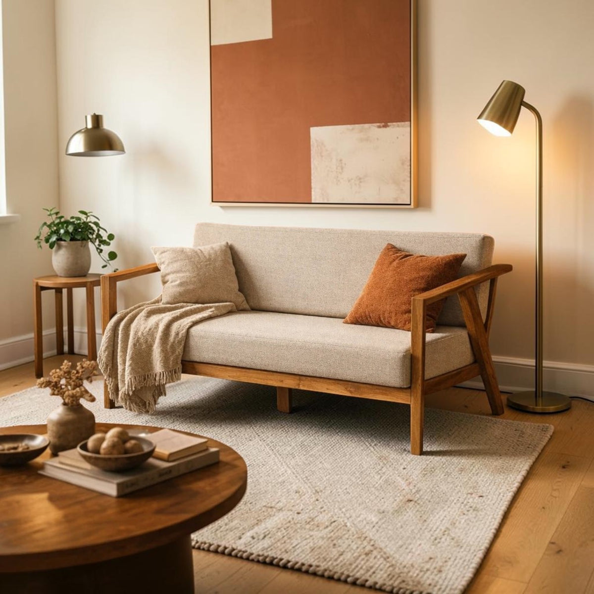 Homecrest 2-seater sofa with solid wood frame and beige fabric cushions in a minimalist living room setting