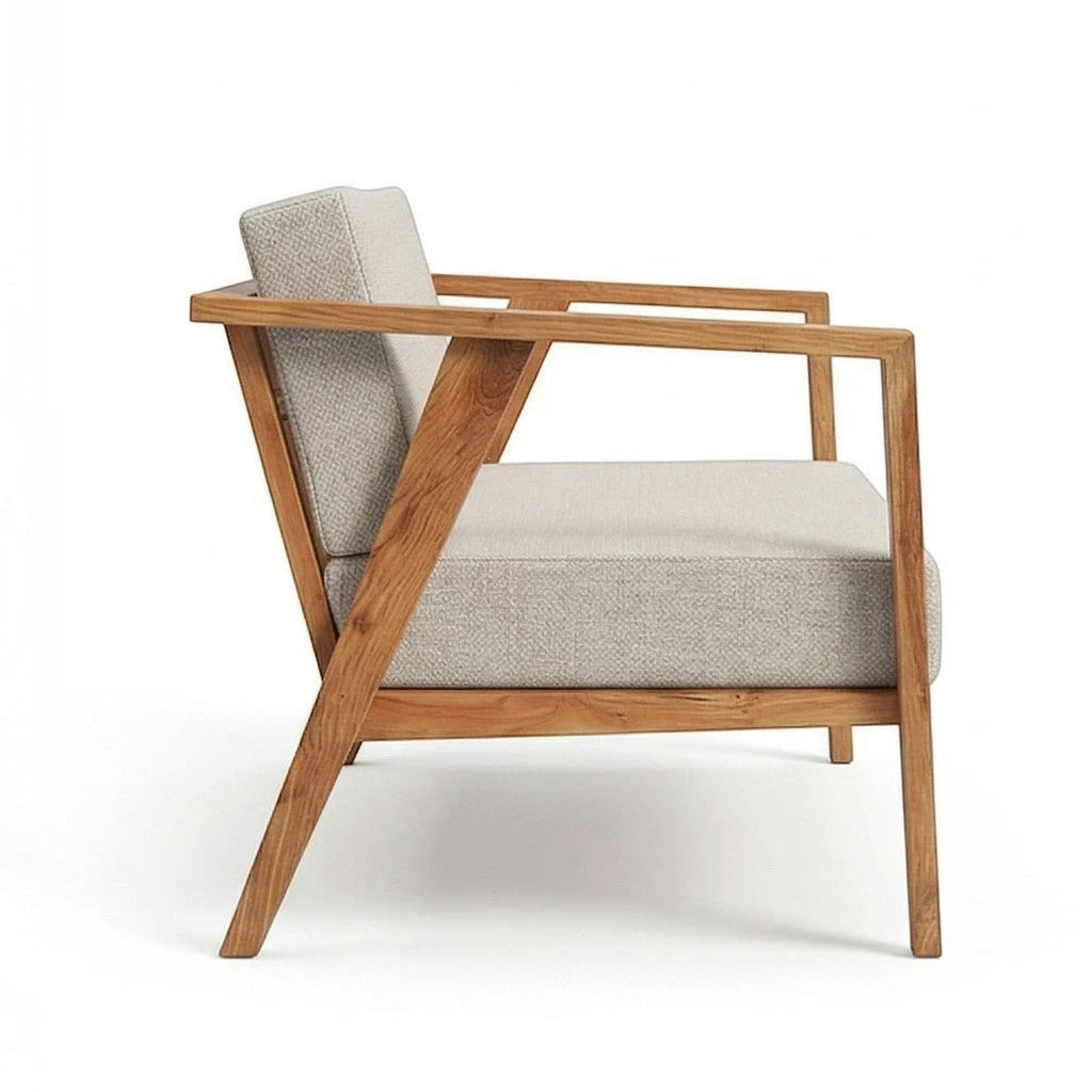 Homecrest 2-seater sofa with a natural solid wood frame and light grey fabric cushions in a minimalist style.
