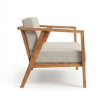 Homecrest 2-seater sofa with a natural solid wood frame and light grey fabric cushions in a minimalist style.