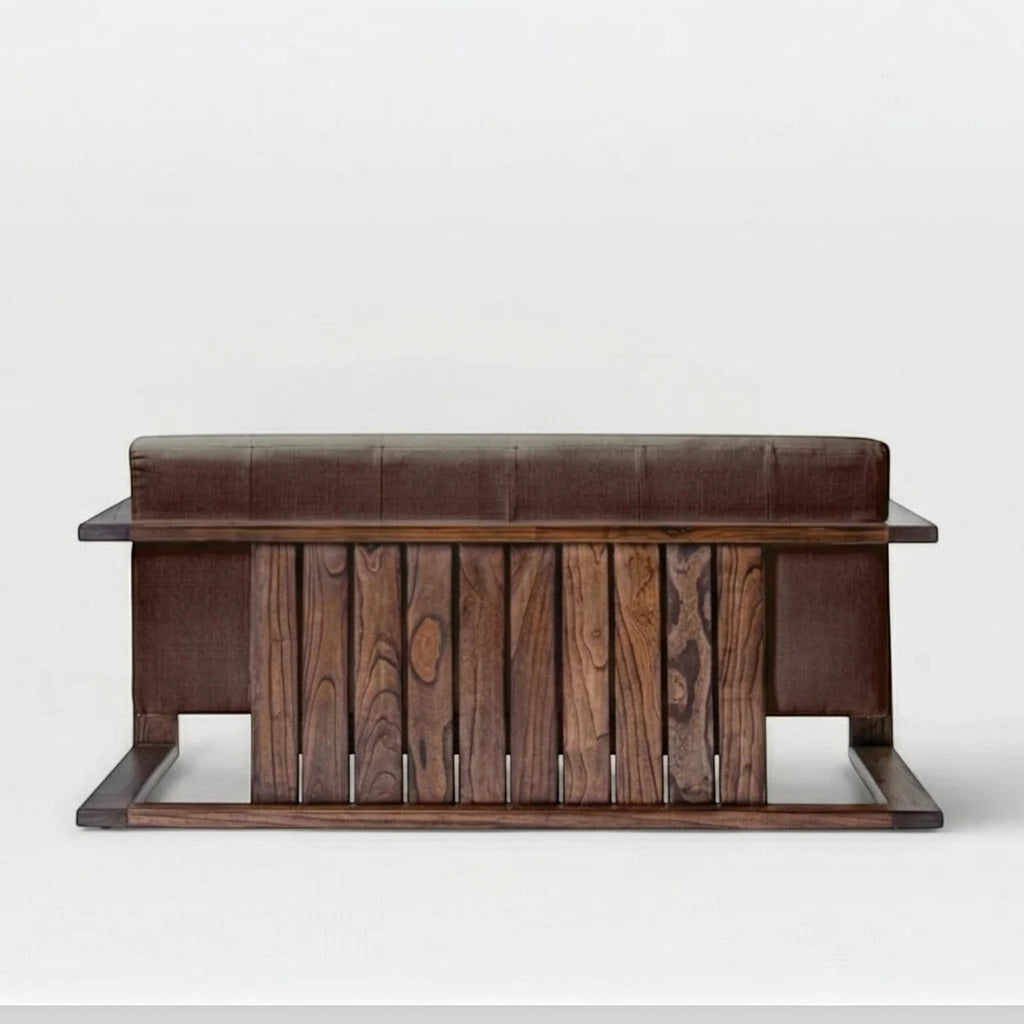 Homecrest 3-seater sofa with a dark walnut solid wood box frame and tufted brown fabric backrest, rear view.