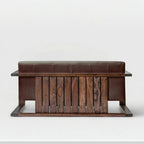 Homecrest 3-seater sofa with a dark walnut solid wood box frame and tufted brown fabric backrest, rear view.