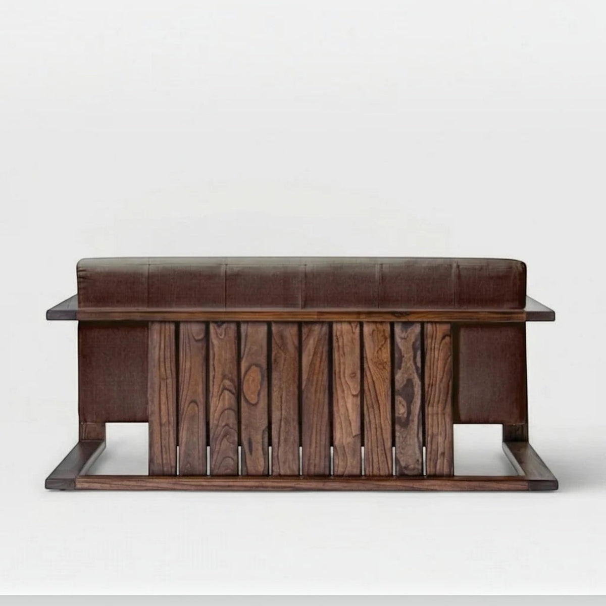 Homecrest 3-seater sofa with a dark walnut solid wood box frame and tufted brown fabric backrest, rear view.