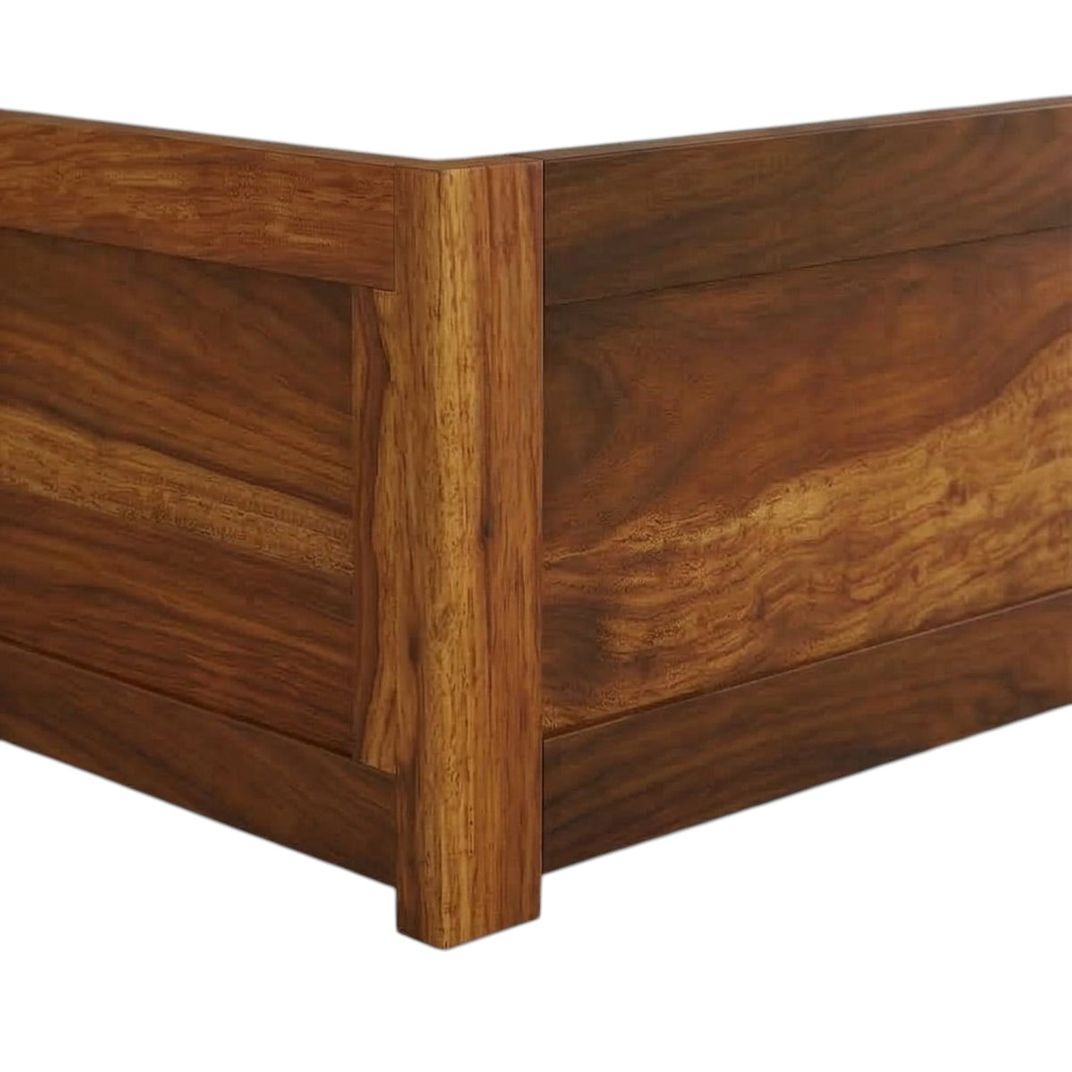 Homecrest Norbury solid wood platform bed frame corner detail showing rich natural wood grain and clean modern edges