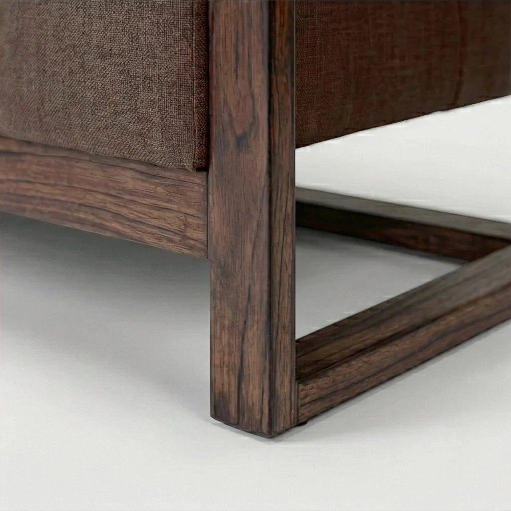 Homecrest 3-seater sofa featuring a dark walnut solid wood box frame base and premium brown textured fabric upholstery.