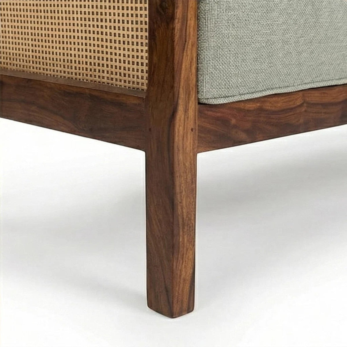 Homecrest 2-seater sofa featuring a rich walnut solid wood frame, woven cane side panels, and grey fabric cushions.