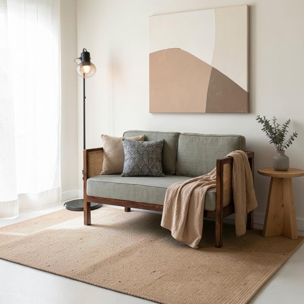 Homecrest 2-seater sofa with solid wood frame, natural cane side panels, and sage green fabric cushions in a living room