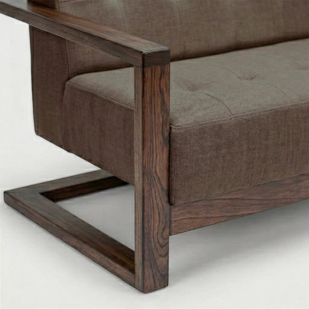 Homecrest 3-seater sofa with a dark walnut solid wood box frame and textured brown fabric upholstery