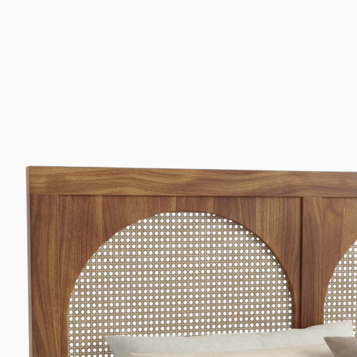 Homecrest solid wood bed frame featuring a triple arch headboard with intricate handwoven natural rattan cane panels.
