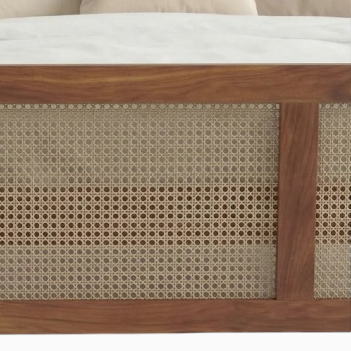 Homecrest solid wood bed frame featuring intricate handwoven rattan cane detailing on the footboard
