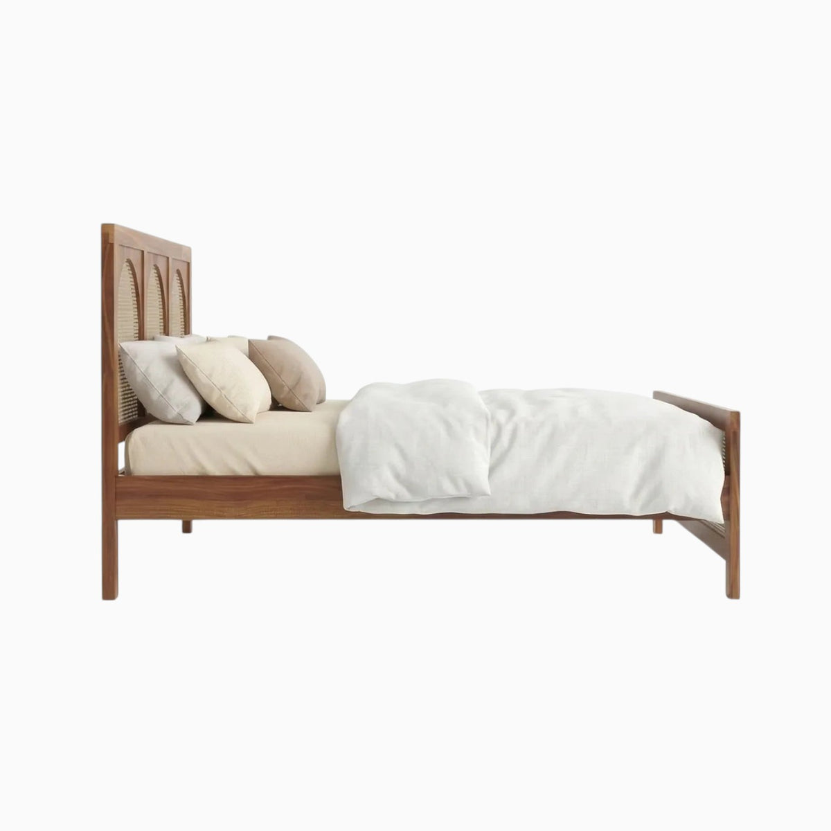 Homecrest solid wood bed frame with triple arch rattan headboard and matching cane footboard in a natural wood finish.