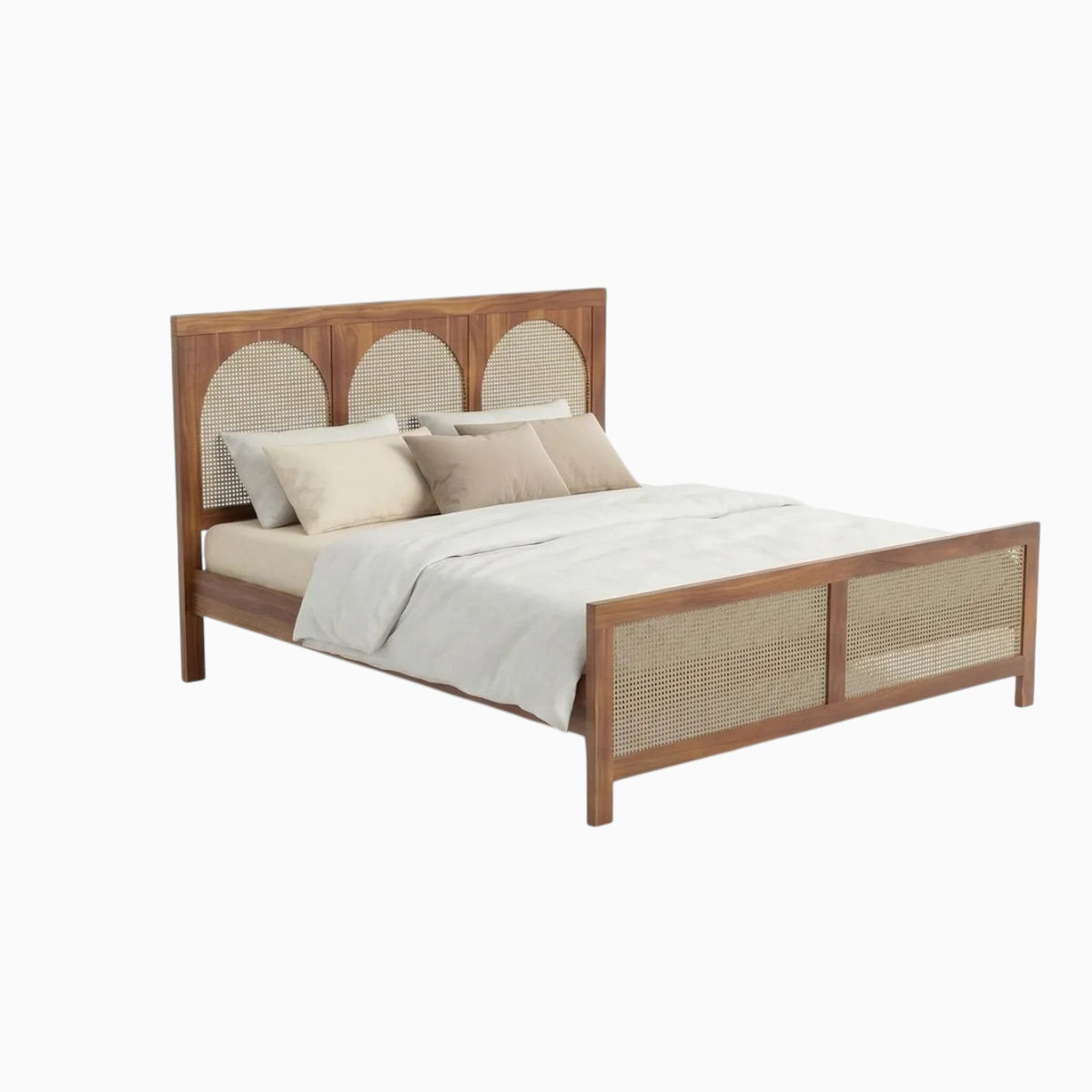 Homecrest solid wood bed frame featuring a triple arch rattan headboard and matching cane footboard in natural finish.