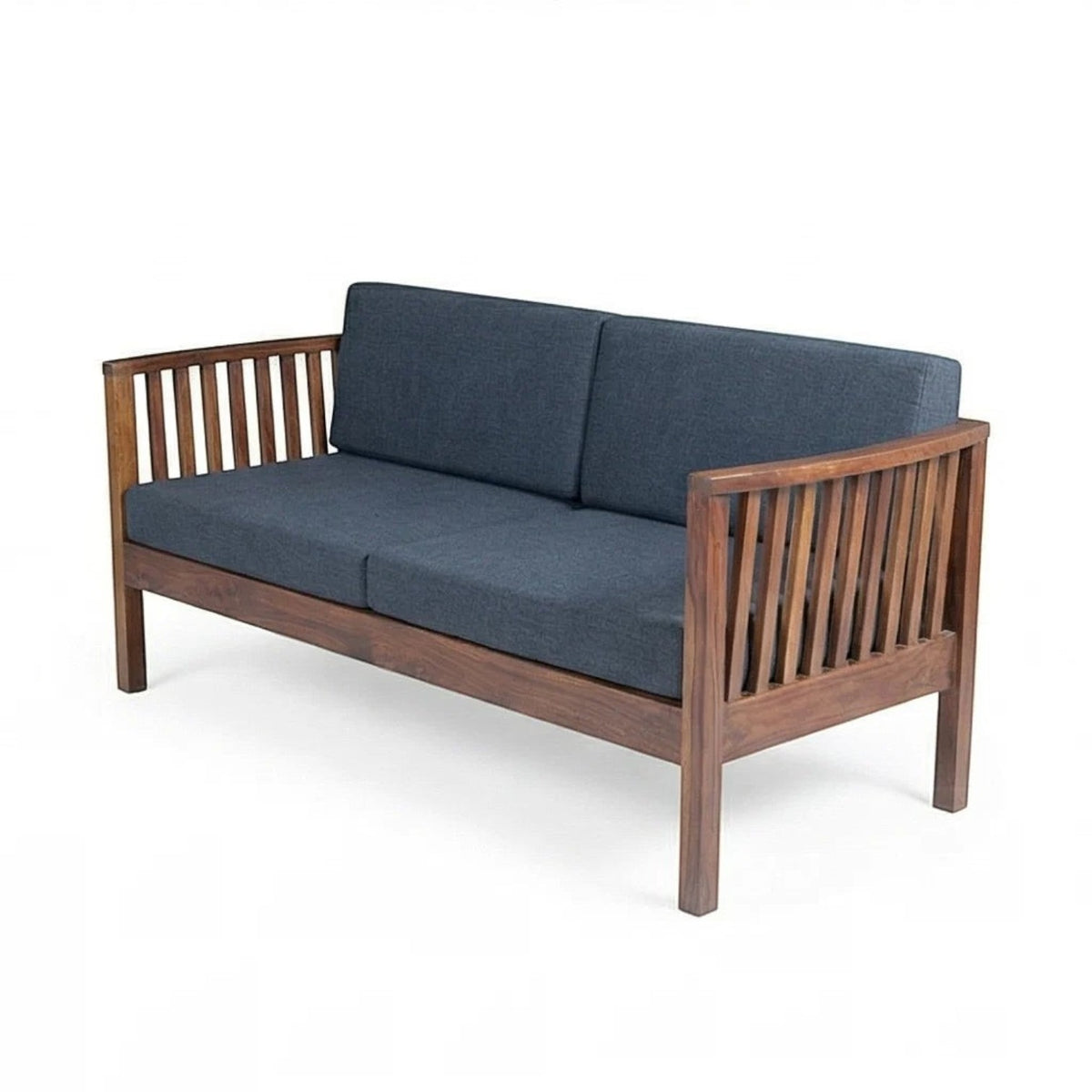 Homecrest contemporary solid wood sofa with dark grey fabric cushions and elegant vertical slatted armrests