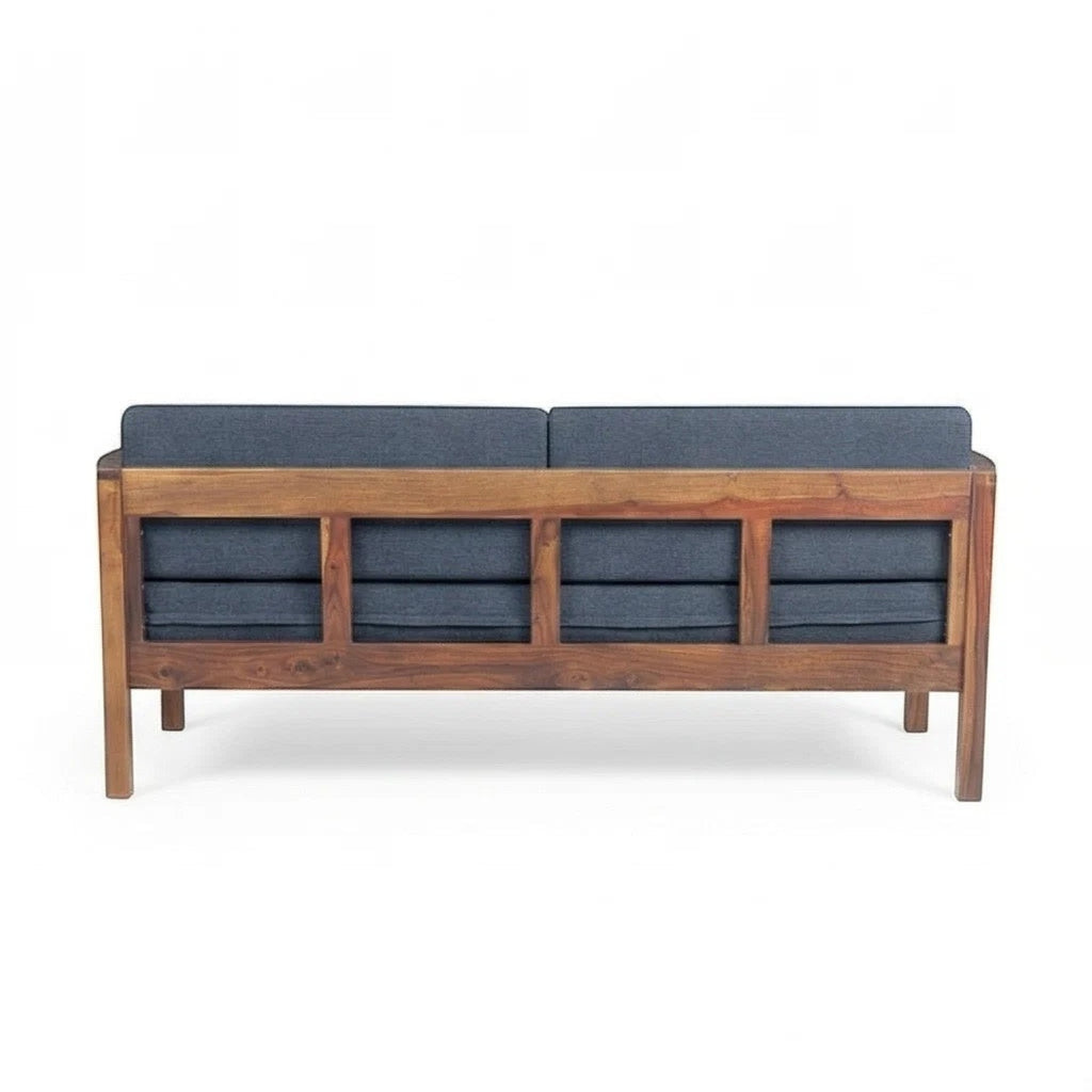 Homecrest contemporary solid wood sofa with dark grey fabric cushions and a distinctive slatted back design