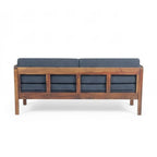 Homecrest contemporary solid wood sofa with dark grey fabric cushions and a distinctive slatted back design
