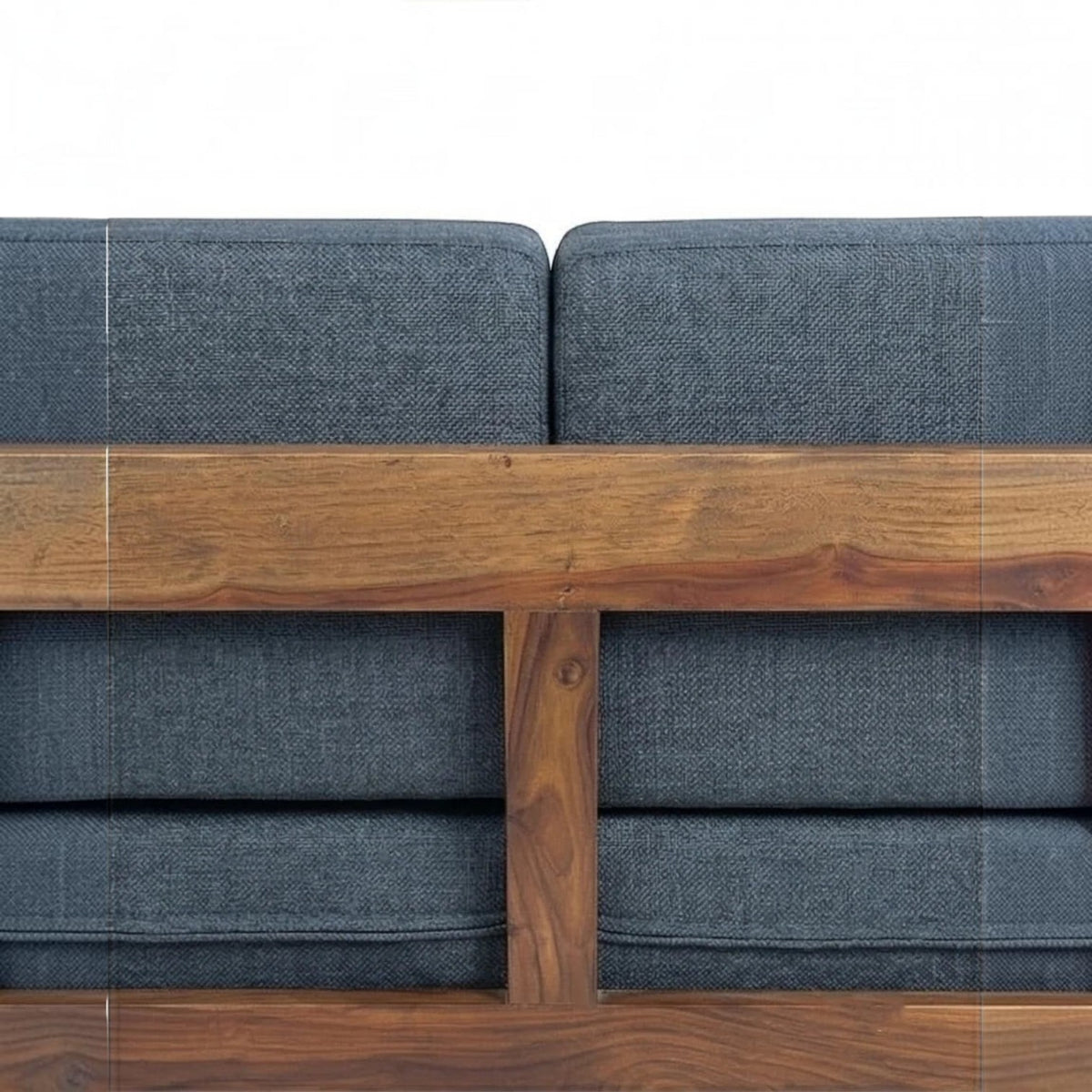 Homecrest contemporary sofa featuring a rich walnut solid wood frame with vertical slatted arms and blue fabric cushions
