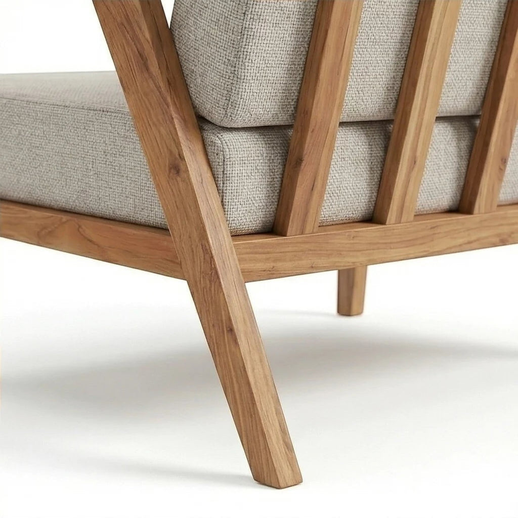Homecrest 2-seater sofa featuring a natural solid wood open frame and light grey upholstered fabric cushions.