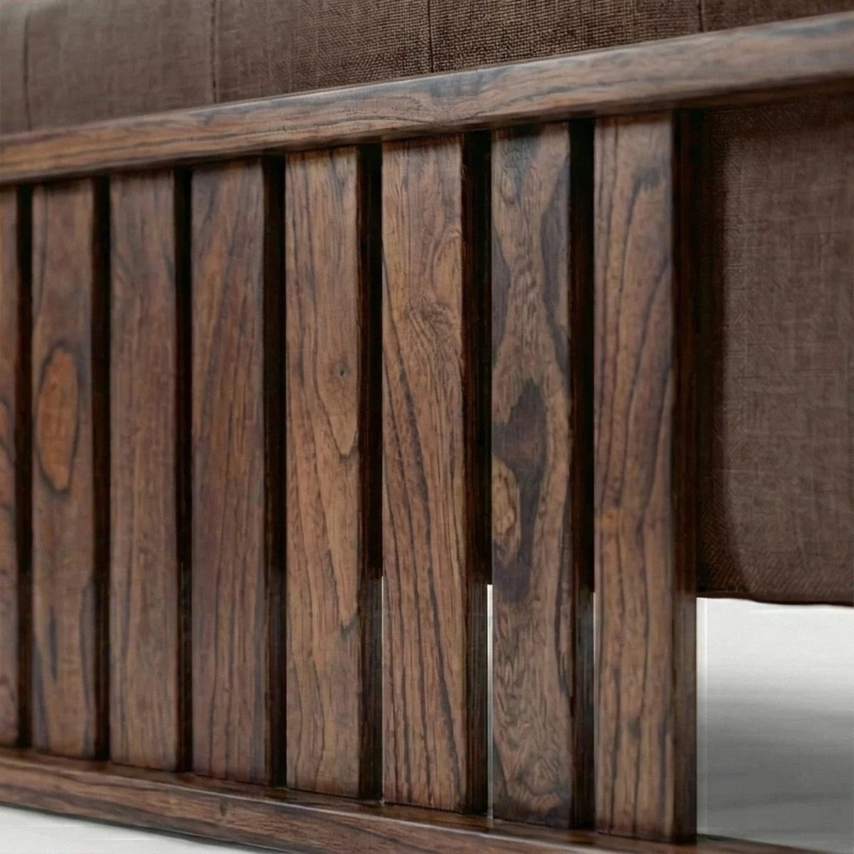 Homecrest 3-seater sofa featuring a dark walnut finish solid wood box frame and textured brown fabric upholstery