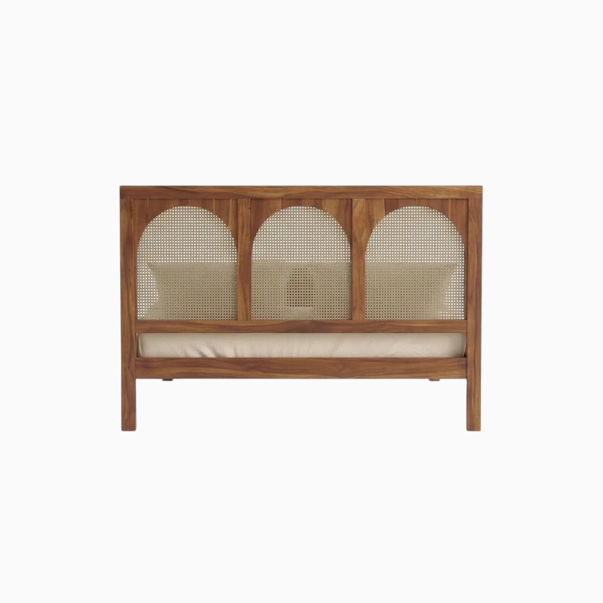 Homecrest solid wood bed frame featuring a triple arch handwoven rattan cane headboard in a natural warm wood finish.