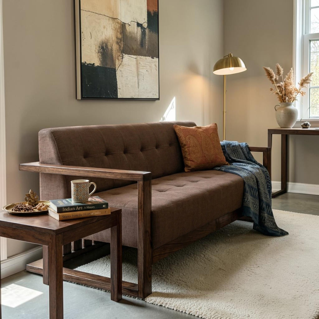 Homecrest 3-seater sofa with dark walnut solid wood frame, brown fabric upholstery, and tufted back in a living room.