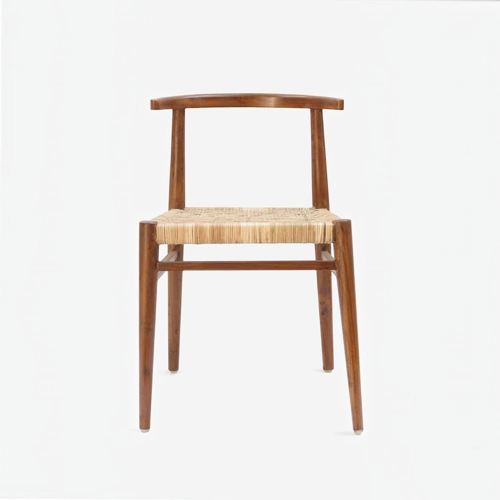 Homecrest Thornby dining chair featuring a natural teak wood frame and a hand-woven rattan wicker seat in a coastal style