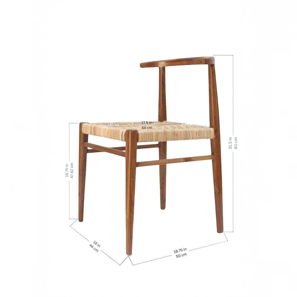 Homecrest Thornby dining chair in natural teak wood with a hand-woven rattan wicker seat and low-back spindle design.