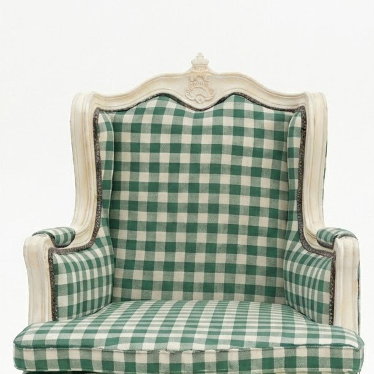 Homecrest Stanmer armchair featuring a green and white checkered fabric pattern on a carved solid wood frame.