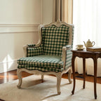 Homecrest Stanmer armchair with green and white gingham fabric upholstery and a carved solid wood frame.
