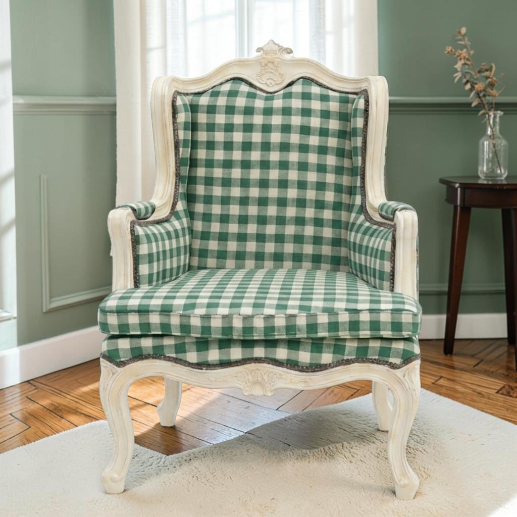 Homecrest Stanmer armchair featuring a green and white checkered fabric upholstery on a carved solid wood frame.