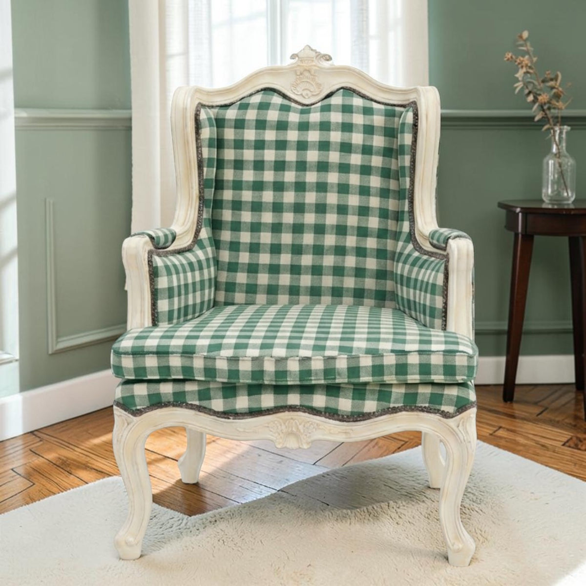 Homecrest Stanmer armchair featuring a green and white checkered fabric upholstery on a carved solid wood frame.