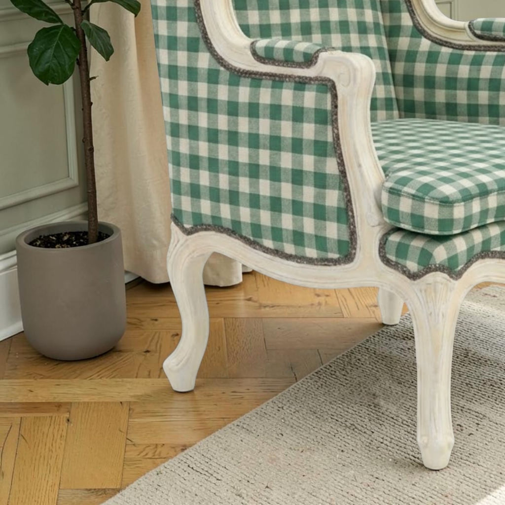 Homecrest Stanmer handcrafted armchair featuring a green and white checkered fabric on a solid wood frame.